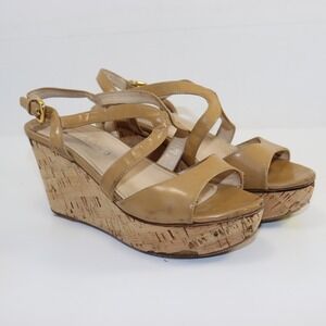 Prada Wedge Sandals Womens Tan Patent Leather Cork Platform Strappy Heels LUXE